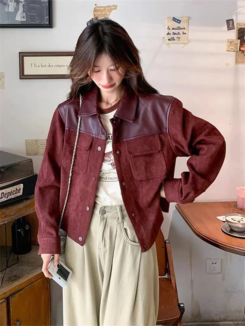 Splicing Leather Jacket Top Women PU Leather Coat 2025 Autumn New Female Imitation Deer Skin Patchwork Leather Jackets