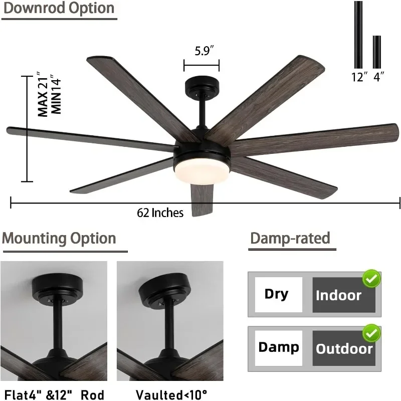 Ventilador de techo con luz para exteriores, ventilador de techo regulable con varilla extraíble, adecuado para dormitorio, sala de estar y terraza