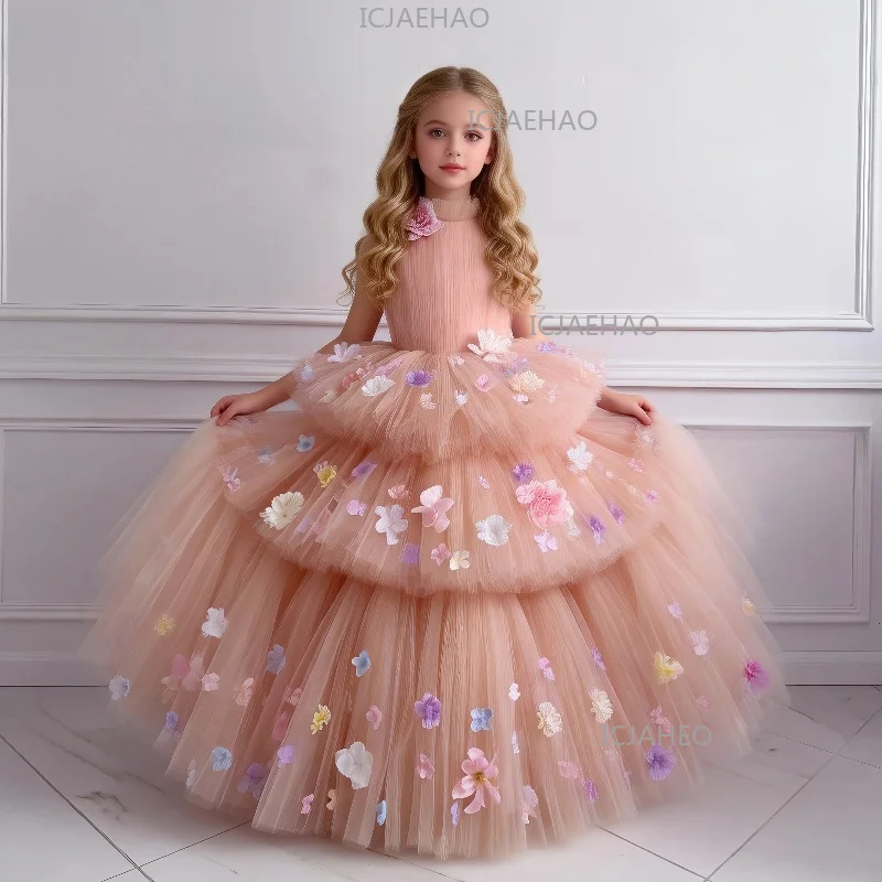 Children Light Pink Sleeveless 3D Floral Kids Formal Wedding Flower Princess Gown Costume Girl Girls Multi Layer Tutu Birthday