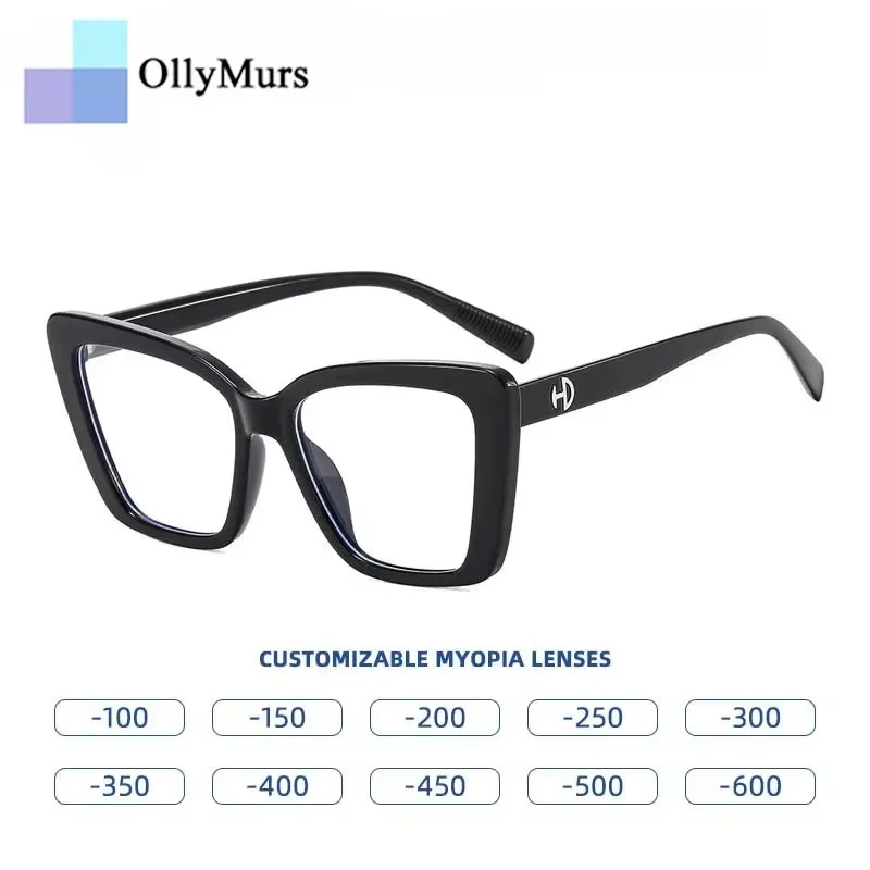 OLLYMURS Retro Thick Frame Myopia Glasses for Women Cat Eye Anti Blue Light Reading Glasses Prescription Eyeglasses Customized