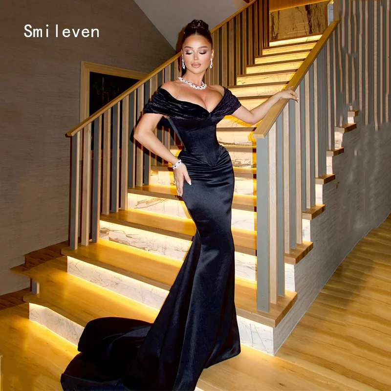 

Smileven Elegance Black Mermaid Prom Dress V Neck Party Gowns Draped Formal Occassion Dress Customized 2026
