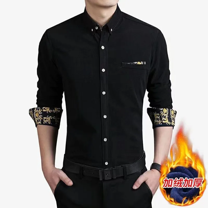 

Мужская теплая рубашка с флисовой подкладкой, длинным рукавом, на пуговицах, повседневная, с цветочными манжетами