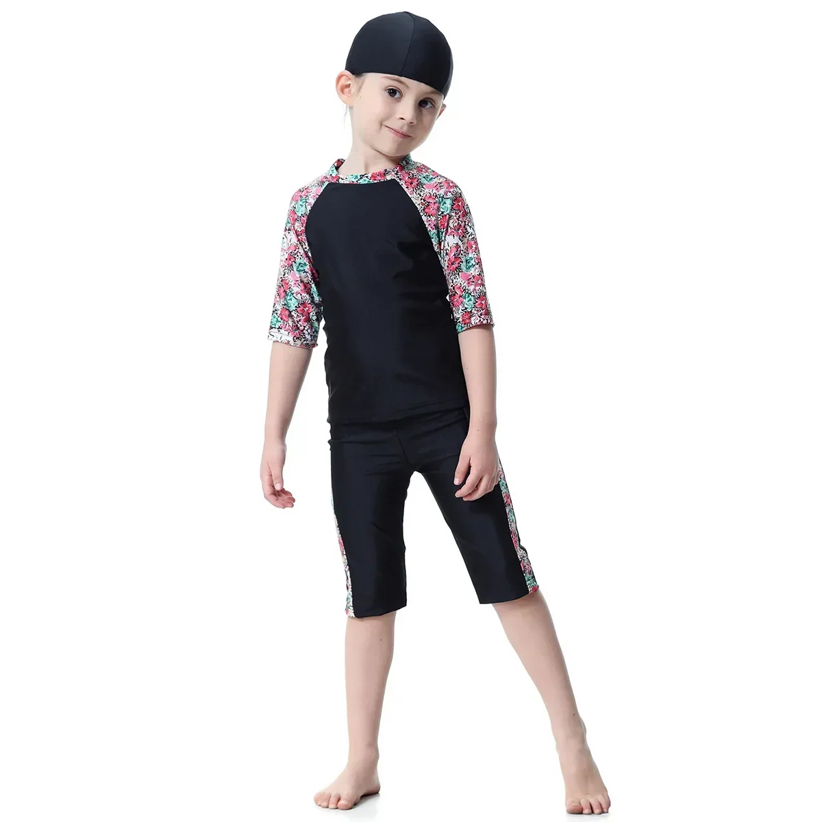 

Muslim Kids Swimwear Summer Burkini Flower Printed Islamic Short Sleeve+Leggings+Hat 3pcs Bathing Swimming Suits Princess Girls