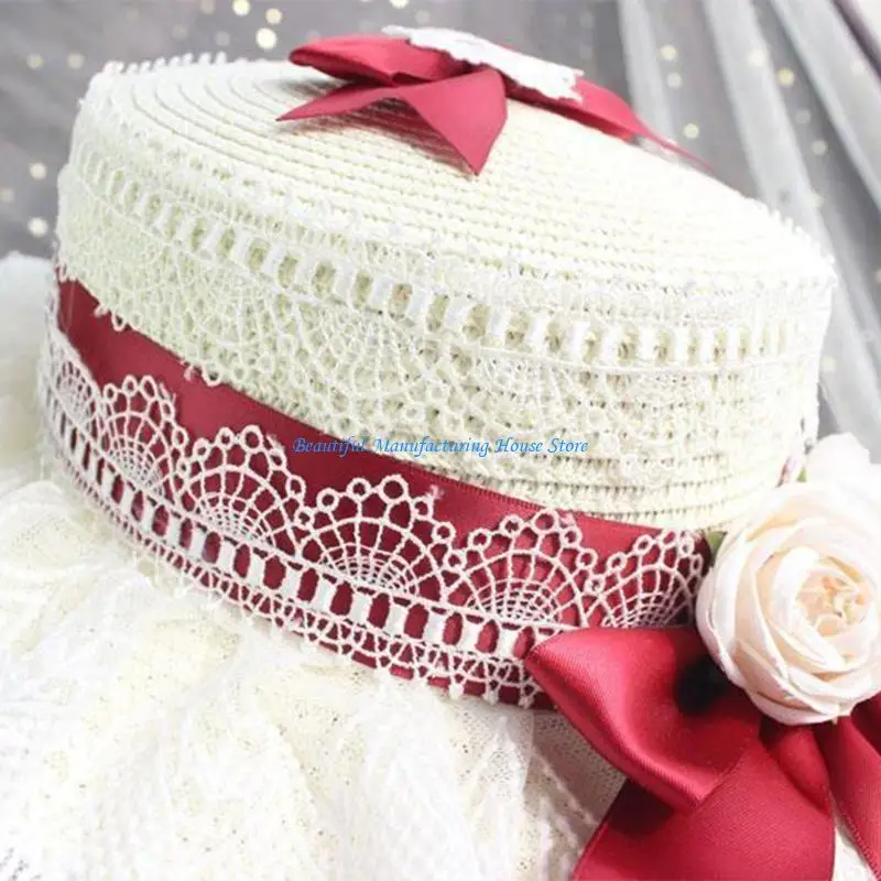 

E56A Classy Retro Straw Hat Handmade for Sun Hat for Afternoon Tea Pastoral Pa