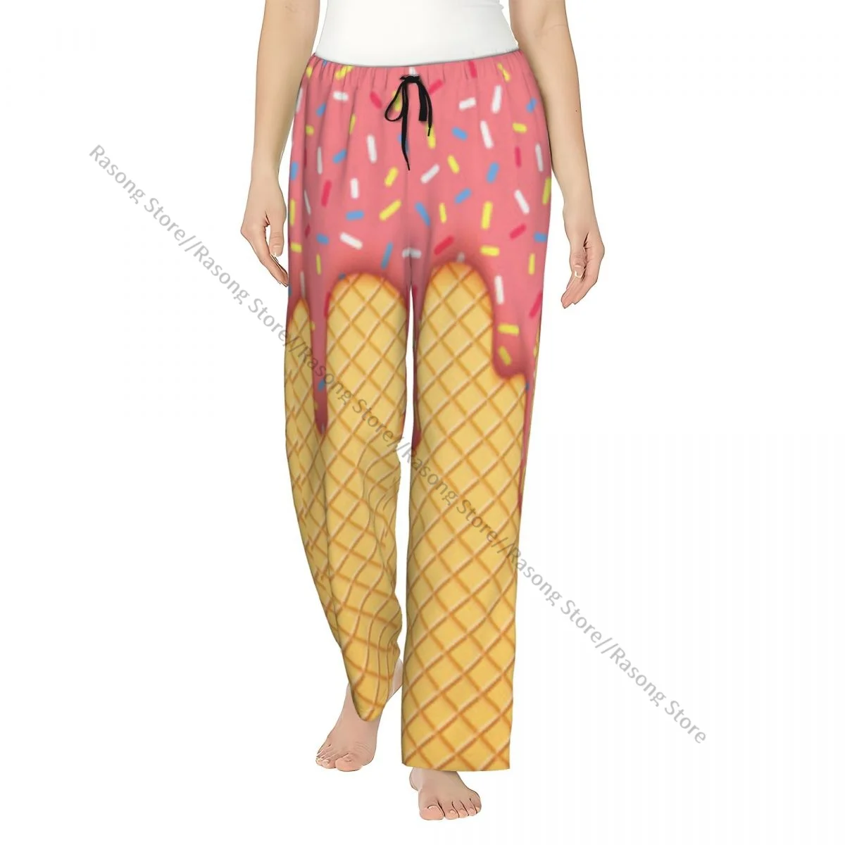 Women Lounge Pants Soft Pink Ice Cream Cone With Dripping Glaze And Wafer Texture Pajama Pants Winter Sleepwear