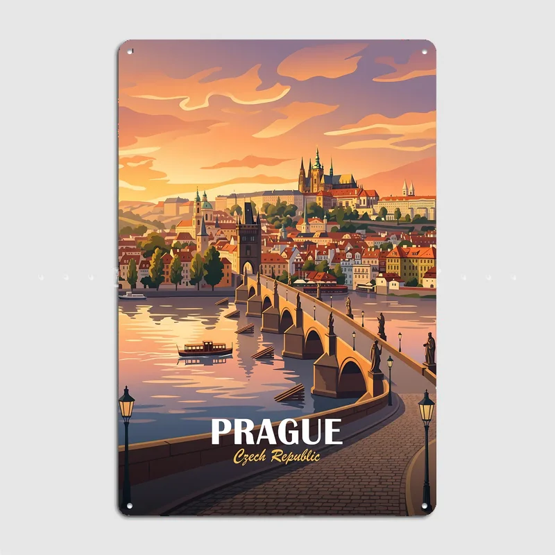 Prague Charles Bridge Sunset Travel Metal Custom Sign Living Room Wall Indoor Decor Room Decoration Bedroom Posters Home Decor