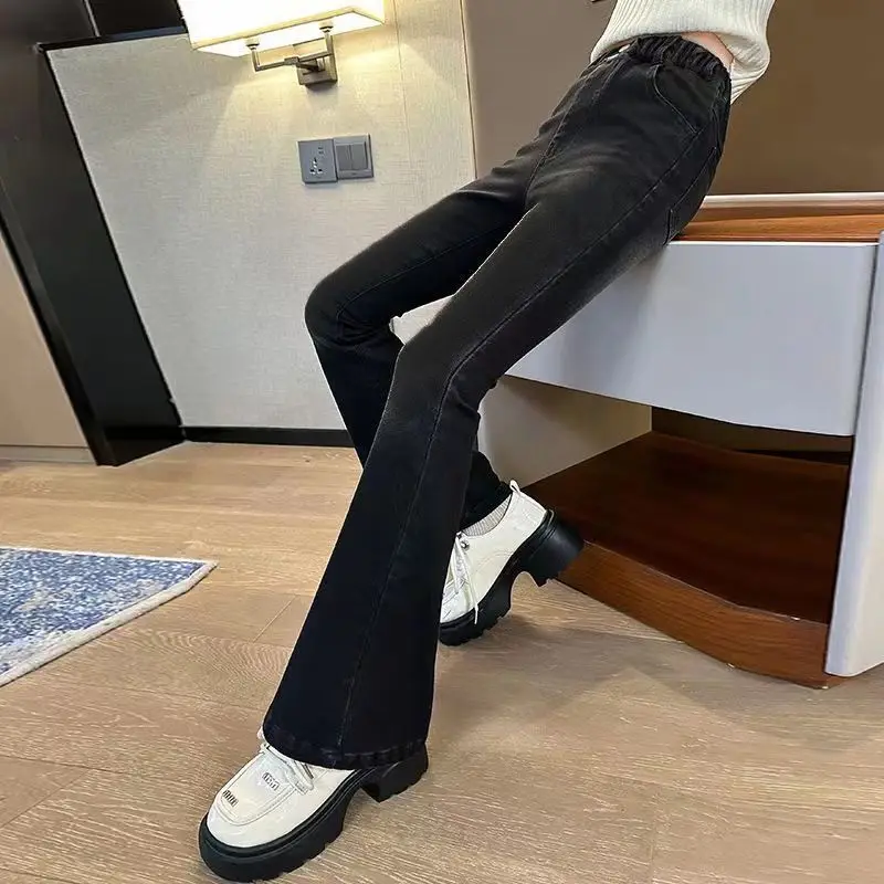 أطفال كلاسيكي خمر الأزرق متوهج الجينز للمراهقين فتاة موضة Bootcut الدنيم السراويل التوأم الطفل عادية التمهيد قطع الجينز بنطلون #5