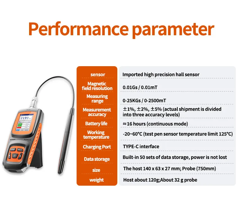 Gauss Meter Tesla Meter Rechargeable 0-2500mT, Magnetometer with Data Logging and Alarm Magnetic Field Strength Pole Tester