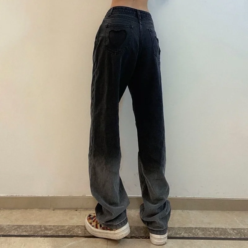 Jeans Women Autumn Panelled Heart High Waist Straight Loose Trousers Pockets Vintage Streetwear Harajuku Leisure Fashion Femme