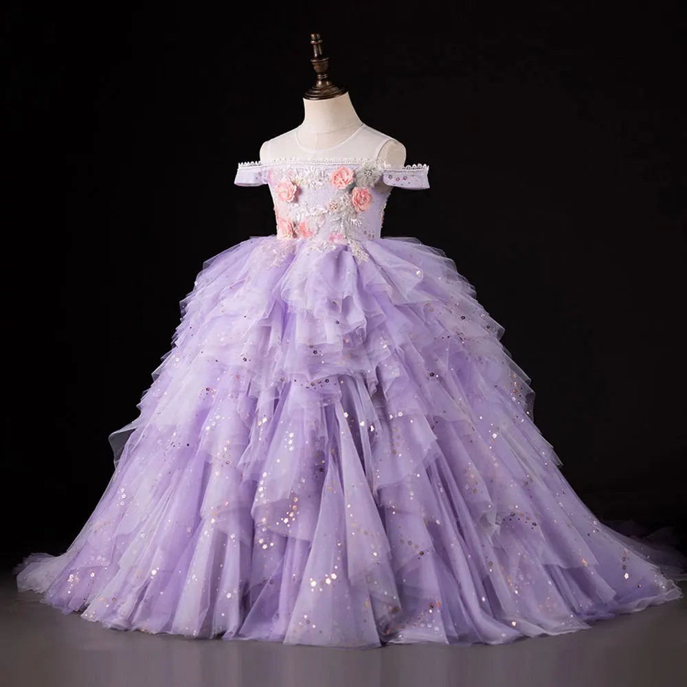 Jill Wish Luxury Dubai Lilac Flower Girl Dress Pearls Princess Kids Wedding Birthday Party Ball Gown Holy Communion 2024 J230