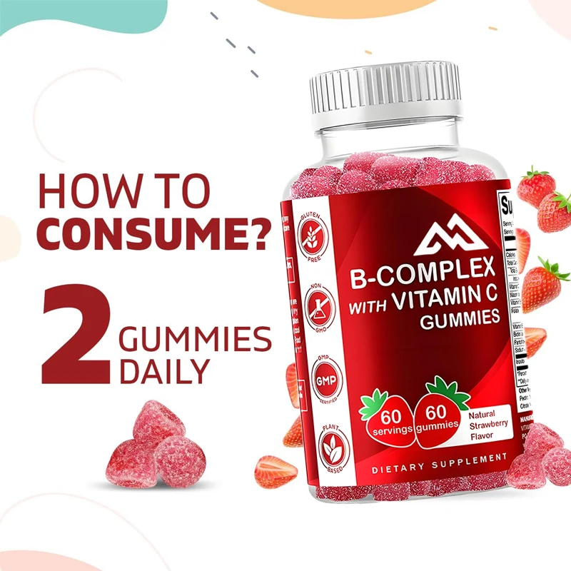 Gommes Complexe de Vitamine B, Contenant de la Vitamine C et de l'Inositol-Arôme Naturel de Fraise-60 Gommes (1 Bouteille)