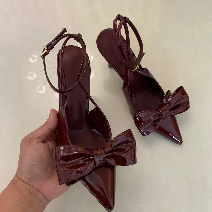 Wine Red Ankle Strap Stilettos For Woman Patent Leather Bow Pointed Toe High Heels Sandals Women Pumps Shoes