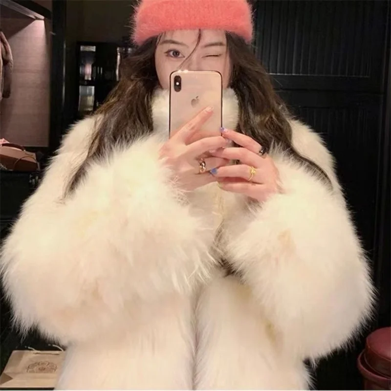 2023 Winter Women\'s New Imitate Fox Fur coat Female Short Loose Fur Coat Youth Standing Collar Coat Solid color Warm Cardigan