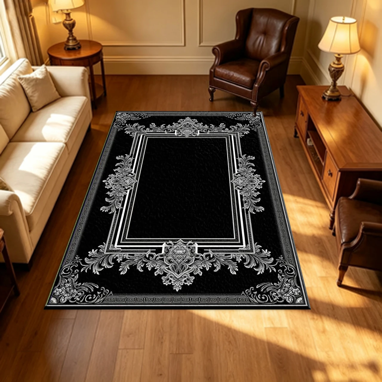 Black Background Silver Baroque Ornate Frame Carpet Flooring Vintage European Style Household Indoor Decor Area Rug