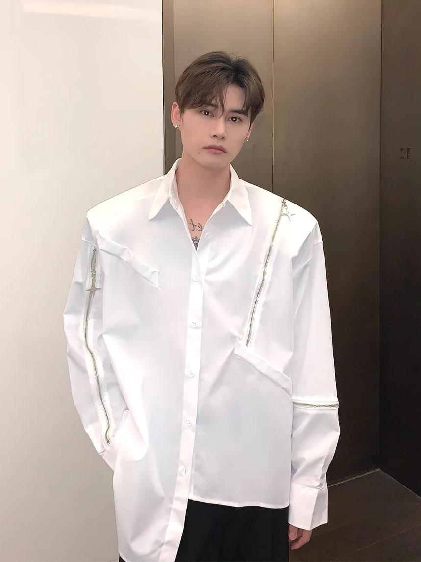 

Oversize Men's irt with oulder Pads Zipper Long Sve Loose Fit Youthful Sle Four Seasons Universal Pure Color irt