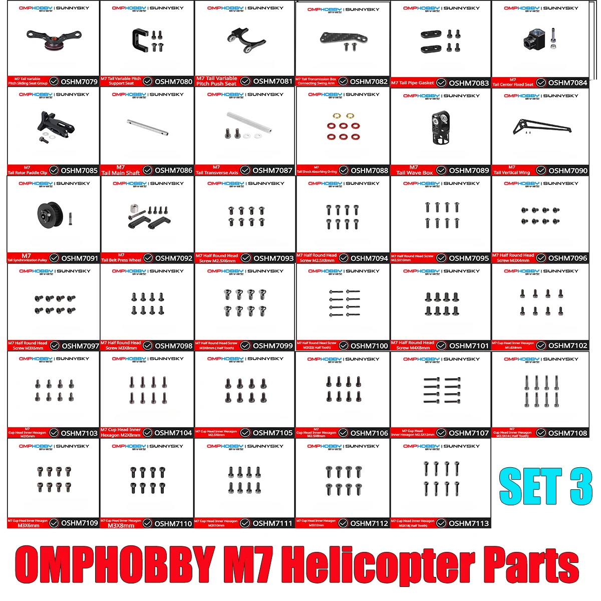 OMPHOBBY M7 RC Helicopter Spare Parts Tail Variable Pitch Sliding Seat Tail Variable Pitch Support Tail Pipe Gasket Screw SET 3