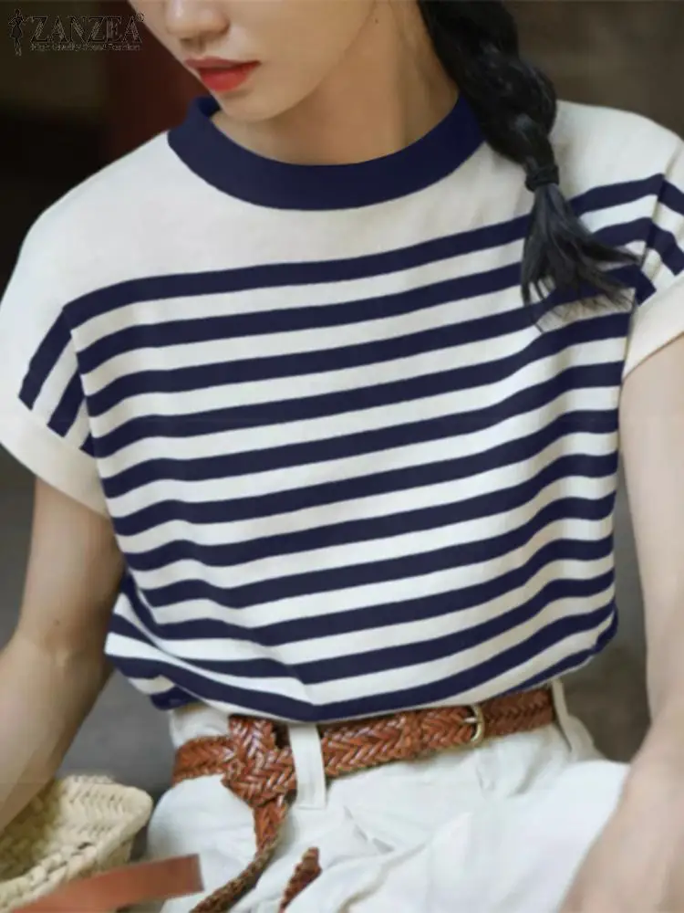 

Женская летняя полосатая блузка ZANZEA 2024, Повседневная Свободная рубашка с круглым вырезом, офисные Топы с коротким рукавом, модные праздничные блузки, туника