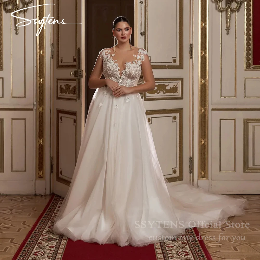

SSYTENS Boho A Line Wedding Dresses Illusion Lace Appliques Plus Size Backless Bridal Dresses Tulle Bride Gowns 2026 Customized