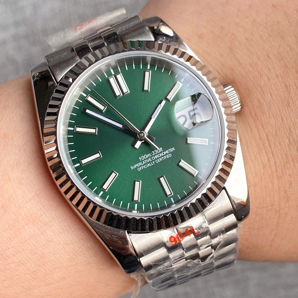 36mm 39mm Fluted Curved Bezel Automatic Watch for Men S NH35 Movt Sunburst Green Silver Markers Sapphire Glass Jubilee bracelet