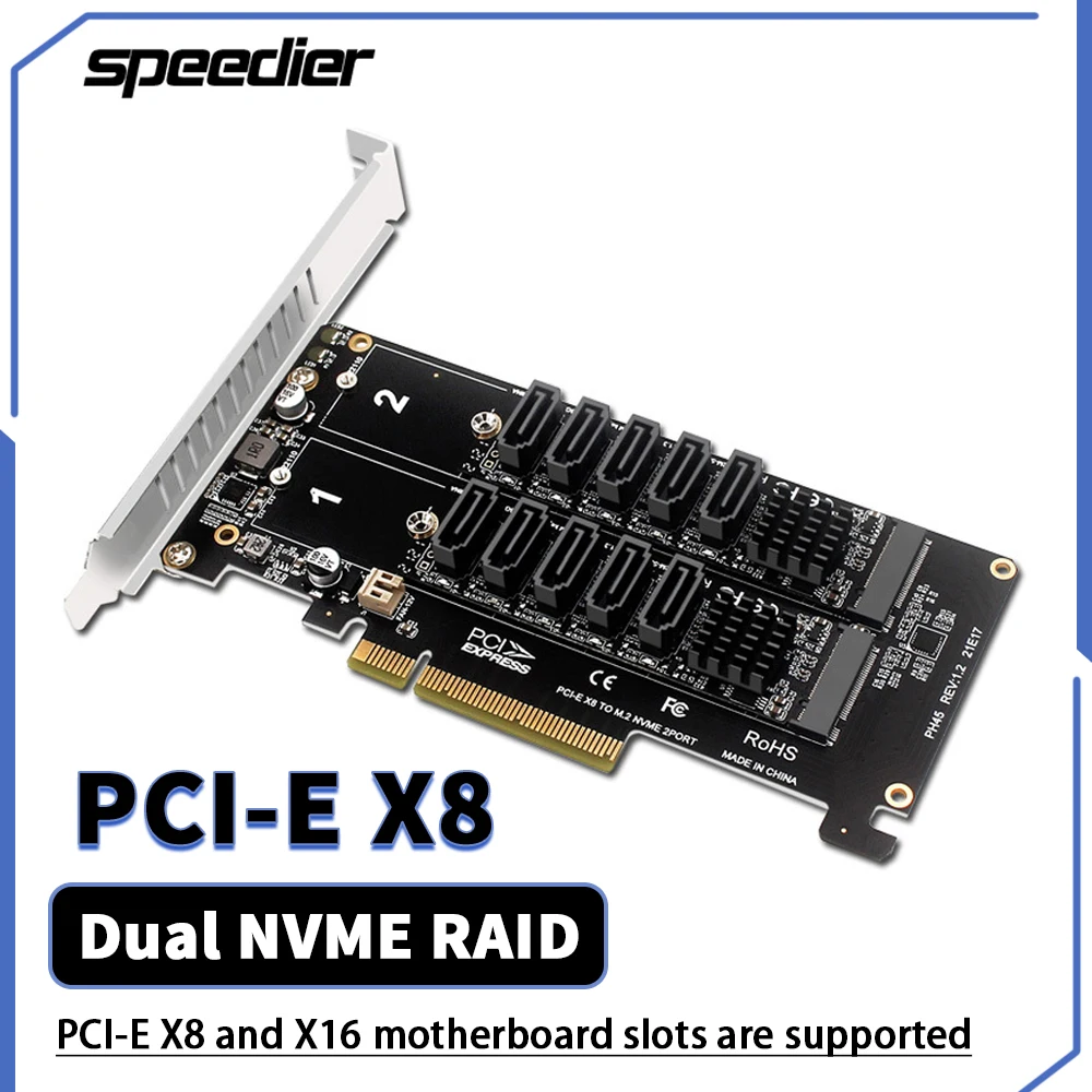 

Riser Dual M.2 NVMe Raid PCIe X8 Split Card To Sata 3.0 10-Port Expansion Adapter Card M2 PCI-e 8x JMB585 Chip