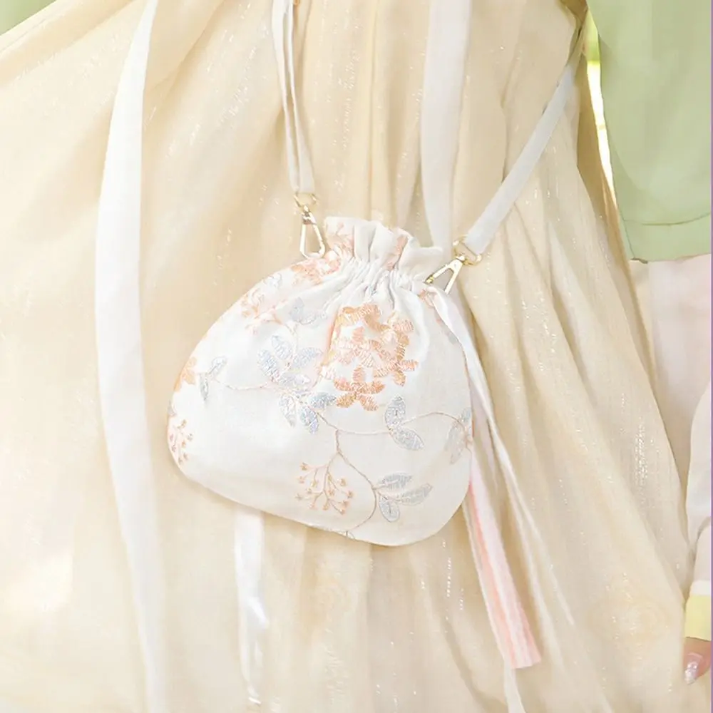 

Retro Chinese Style Lace Drawstring Bag Tassels Flower Embroidery Handbag Purse Ancient Style Bucket Bag Travel