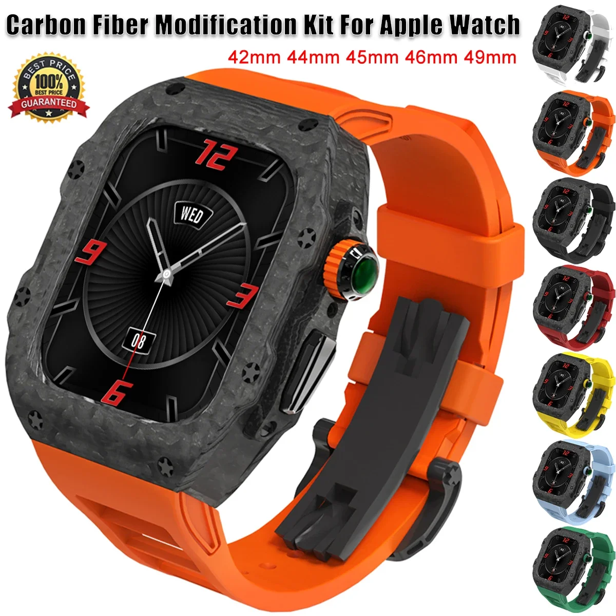 RM Carbon Fiber Modification Kit For Apple Watch 9 8 7 6 5 SE Silicone Sport Band For iWatch 42 49 46 45MM 44MM Case Strap Refit