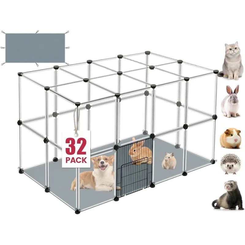 

32 Panels Small Animal Playpen, 48" x 32" x 24" Transparent Playpen with Waterproof Mat,Plastic Enclosure,Puppy Play Pen for Chi