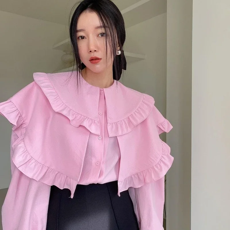 Ezgaga Sweet Pink Shirt Women Loose Long Sleeve Solid Ruffles Lapel Spring New Korean Chic Ladies Tops Elegant Fashion Blouses