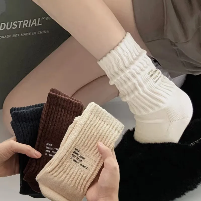 Women Letter Knitted Long Socks Girl Black White Solid Loose Crochet Middle Tube Lolita Sox Cotton Boot Cuffs Ruffles Socks Gift