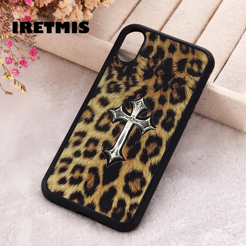 Custodia protettiva per telefono Iretmis per iPhone X XS Max XR 11 12 13 PRO MINI 14 15 16 Plus Gomma siliconica Croce leopardo