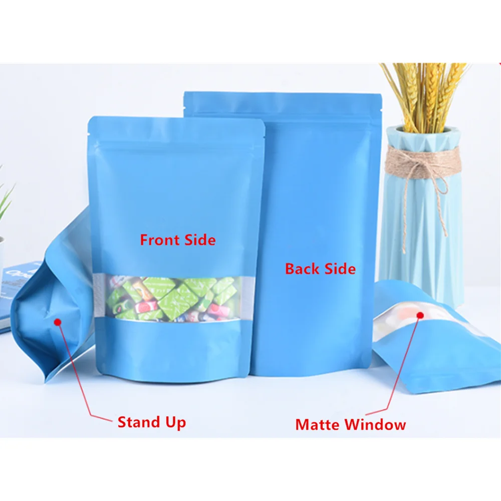Zipper Bag 100pcs Colored Re-closable Stand Up Aluminum Foil Zip Lock Bags with Window Matt Finish Kitchen Food Packing Storage