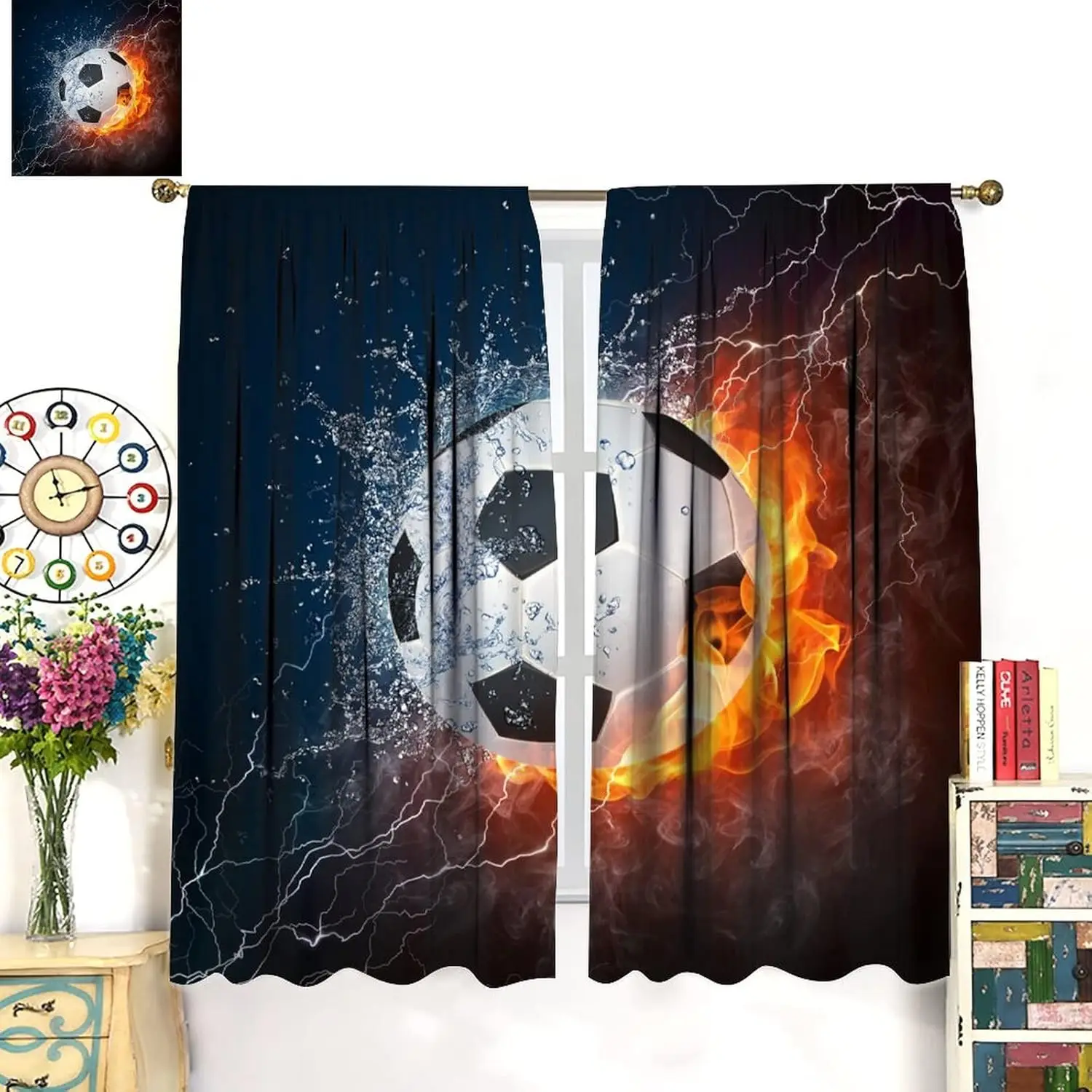 Sports Soccer Curtains,Soccer On Fire and Splash On Water Flame Lightning Blackout Decorative Window Curtains, Kids Boys Bedroom
