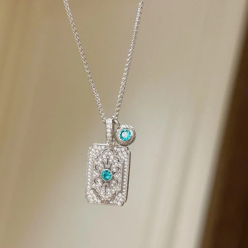

French retro Paraiba main stone necklace inlaid with diamond clavicle chain
