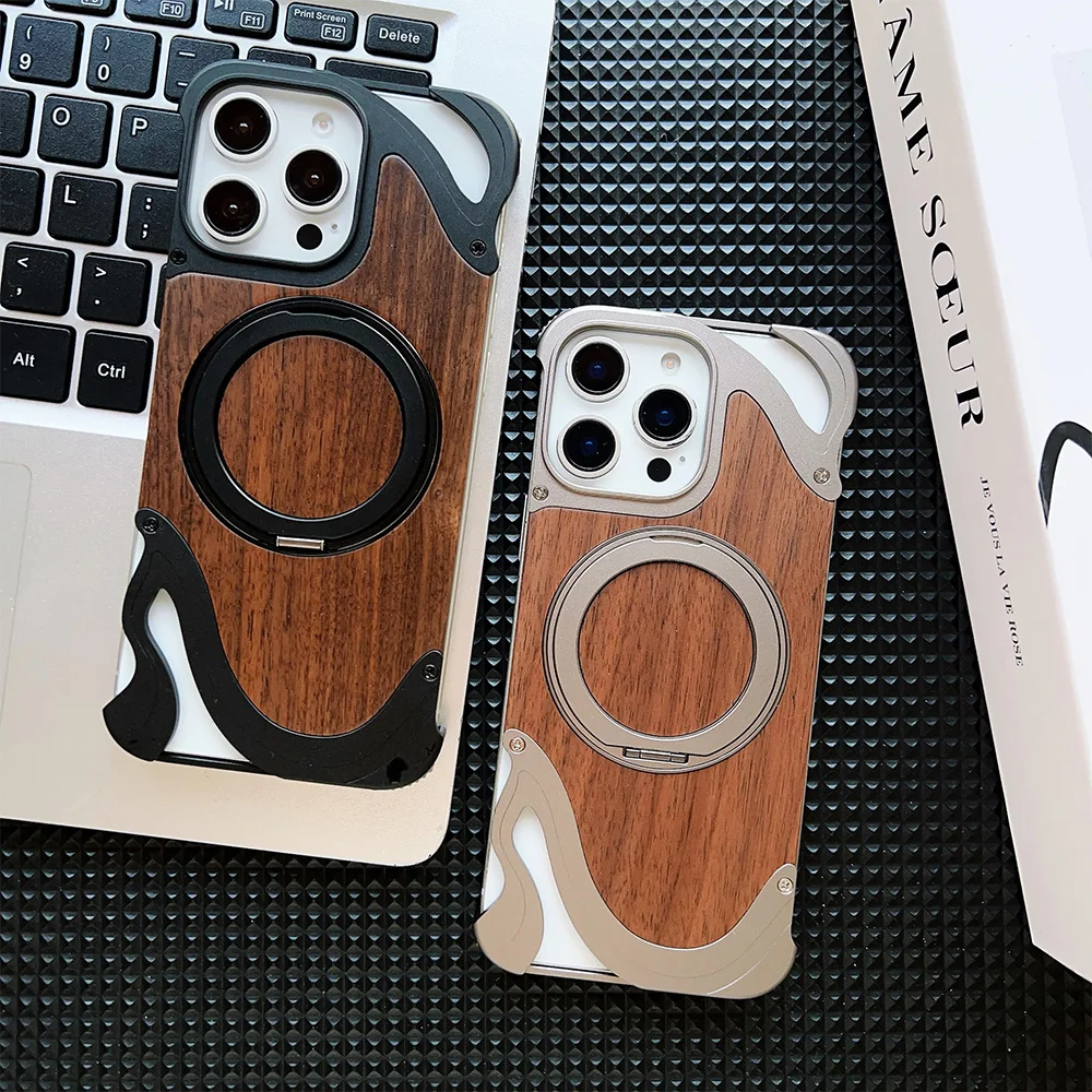

Безрамный чехол для телефона из свинцового сплава с подложкой из орехового дерева, для iPhone 16, 15, 14 Pro Max, защитный чехол с металлическим вращающимся магнитным кронштейном