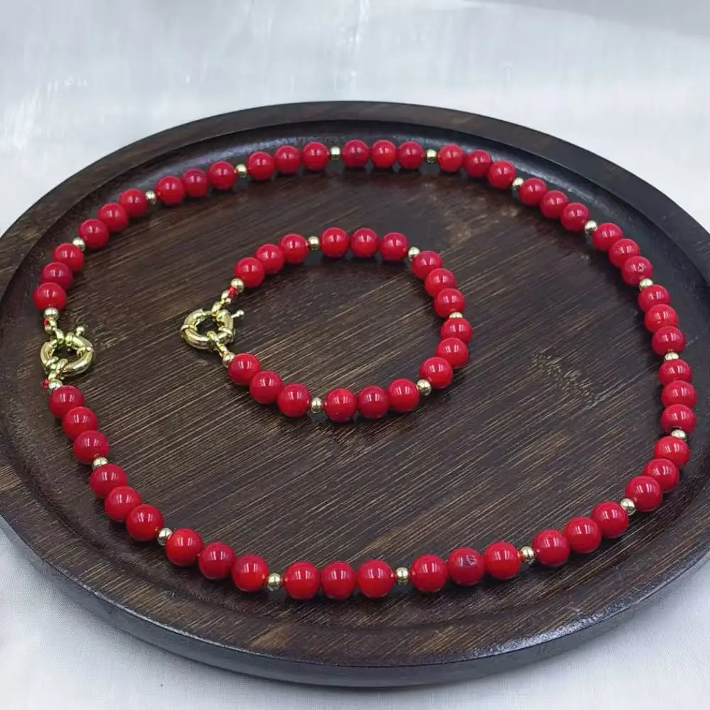 Vintage Round Red Sea Bamboo Coral Natural Blue Turquoise Chokers Necklace Bracelet Jewelry Set 7