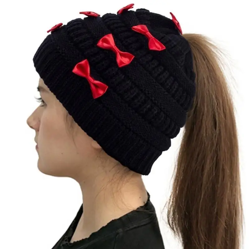 

652F Knitted Beanie Hat for Students Adult Windproof Winter Hat Lovely Bowknot Decor Beanie Keep Warm Skiing Cycling Hat