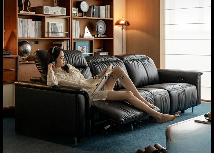 

Black Genuine Leather Electric Sofa Italian Style Top Grain Leather Vintage Double Function Sofa