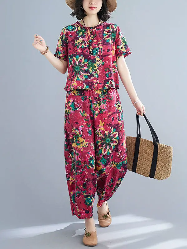 

Свободный комплект из хлопка и льна с принтом для мам среднего возраста и летние модные брюки Харлан, большие размеры, два-