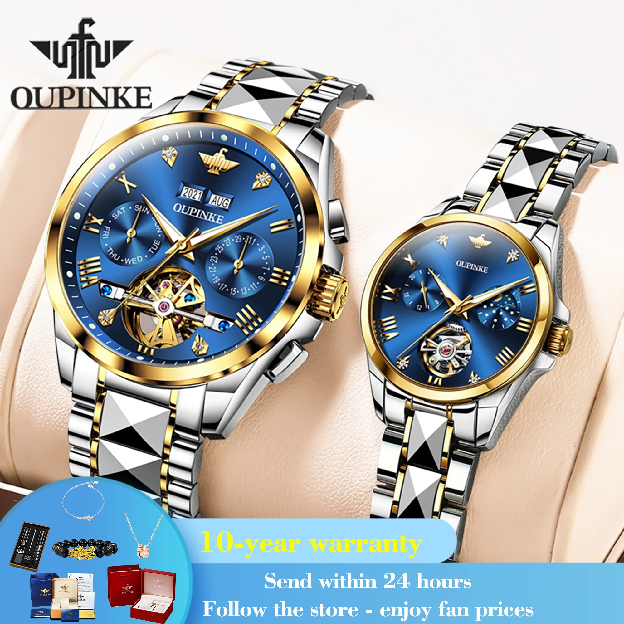 OUPINKE Roman Scale Mechanical Couple Watch Hollow Skeleton Synthetic Sapphire Mirror Wristwatch Deep Waterproof Top Brand Watch