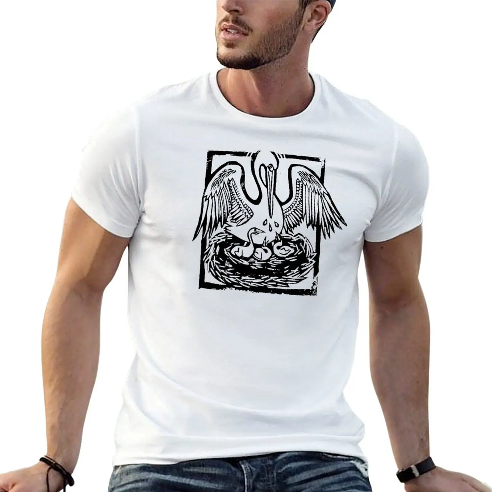 

Pelican In Her Peity Linocut Image T-Shirt man t shirts for men t shirts for man slim fit mens graphic t shirts T-shirt