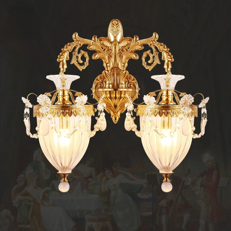 

European H65 Copper Crystal Wall Lamp Bedroom Bedside Lights French Living Room Aisle Corridor Staircase Lighting