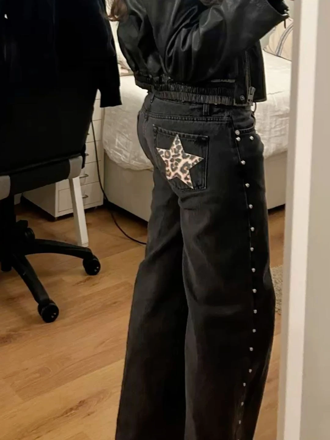 Y2k One Dilemma Denim Pants Leopard Print Star Wide Leg Jeans Streetwear High Waist Baggy Jeans Harajuku Gothic Women Clothing