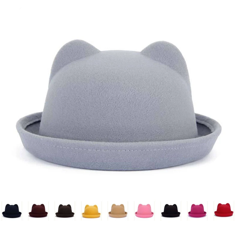 Fashion Parent-child Bowler Hat Wool Felt Fedora Hats for Women Girls Children Solid Cat Ear Formal Cap Trilby Sombrero Derby