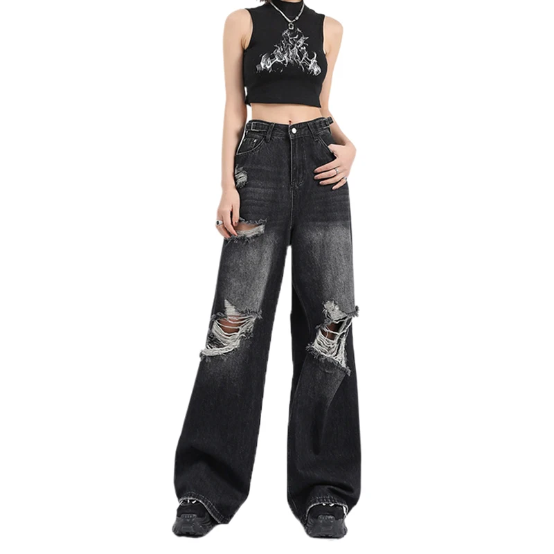 Women's Ripped Jeans Y2K High Street Boyfriend Pants Retro Washed Black Straight Leg Jeans 2024 Street Fashion