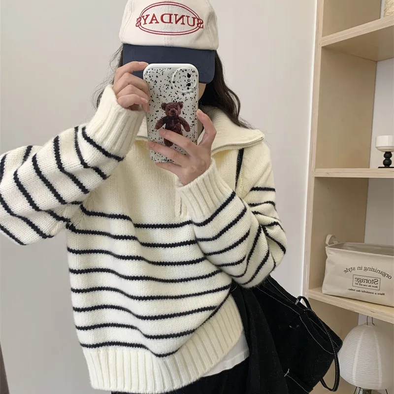 

Striped Half Zippered Lapel Sweater Women Autumn Winter New Loose and Versatile Design Long Sleeved Pullover Knitted Tops QY1