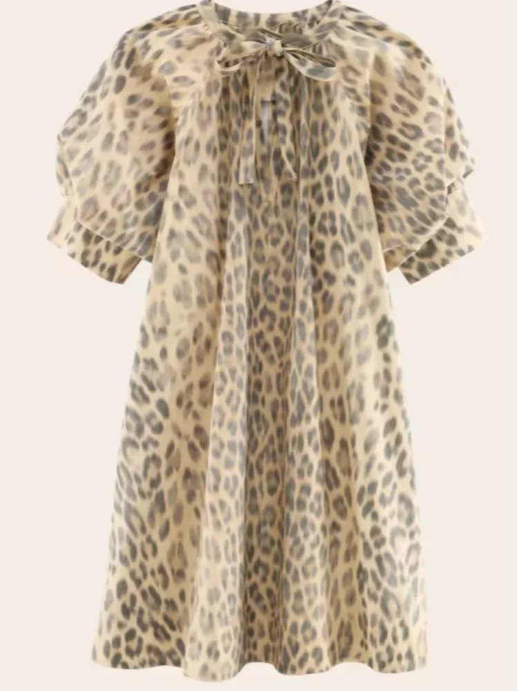 

Women Leopard Print Shirt Mini Dress Casual V Neck Puff Cuffed Sleeve Loose Shift Dresses 2026 Lady Summer Street Daily Robes