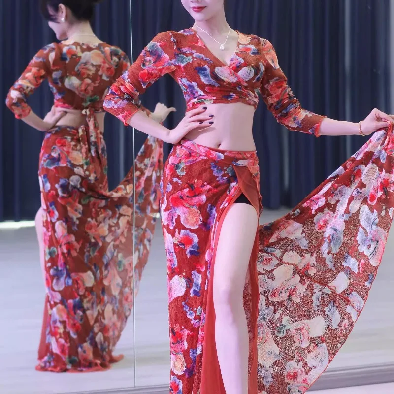 customized Pumpkin colored lace mesh double layered large swing skirt one-piece belly dance costume East