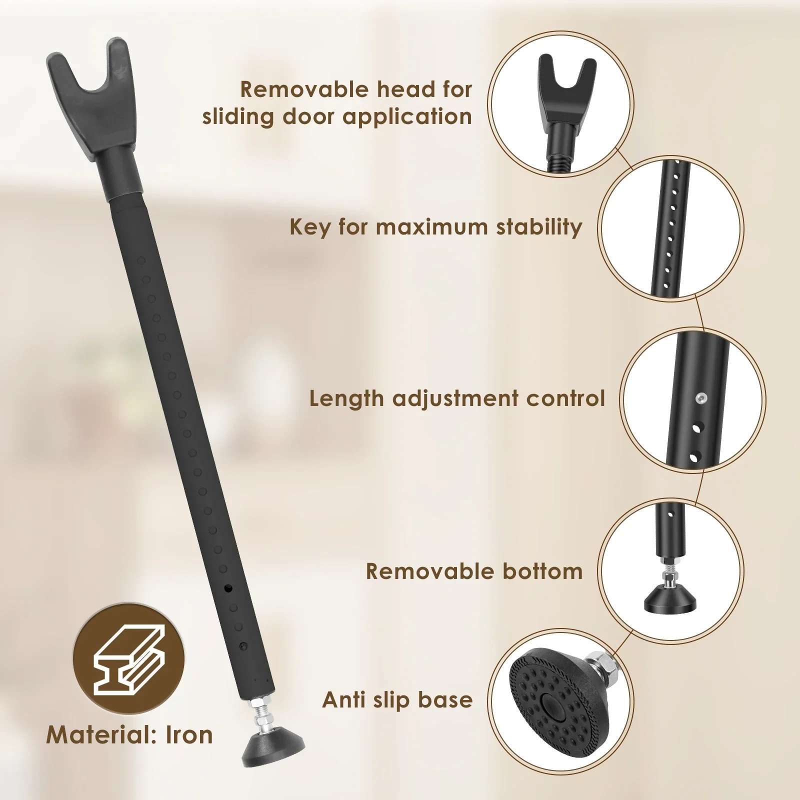 Sliding Door Lock Bar 44-55 Inch Adjustable Door Security Bar Removable Door Stopper Security Patio Door Bar Glass Door Jammer