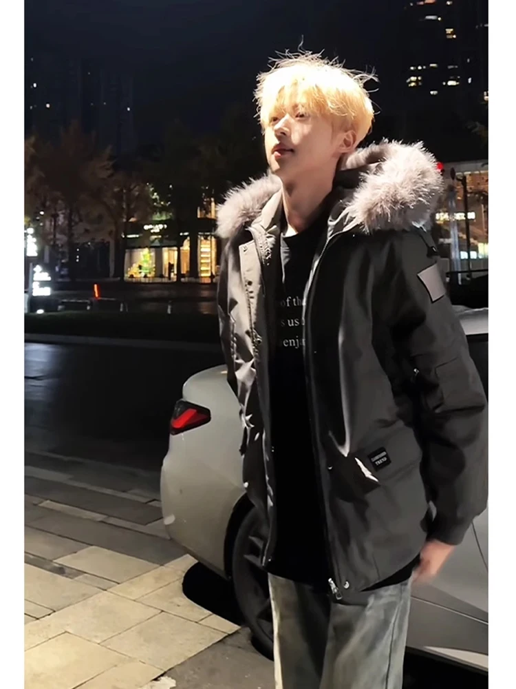 

ay American Retro Hooded Parka Cotton Jaet Thiened Warm Workwear Coat for Men Winter Faion Brand Youth Casual Sle