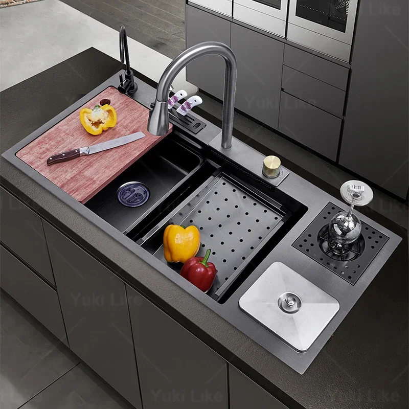 

Grey Kitchen Sink Multifunctional Large Single Sink Waterfall Large Spout Pressurised Clean Dishwashing and Vegetable Sink
